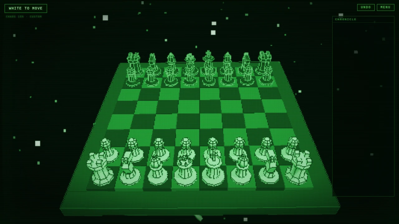 Tablero de BlackSwan Chess a la deriva en el vacío, con estética CRT de fósforo verde