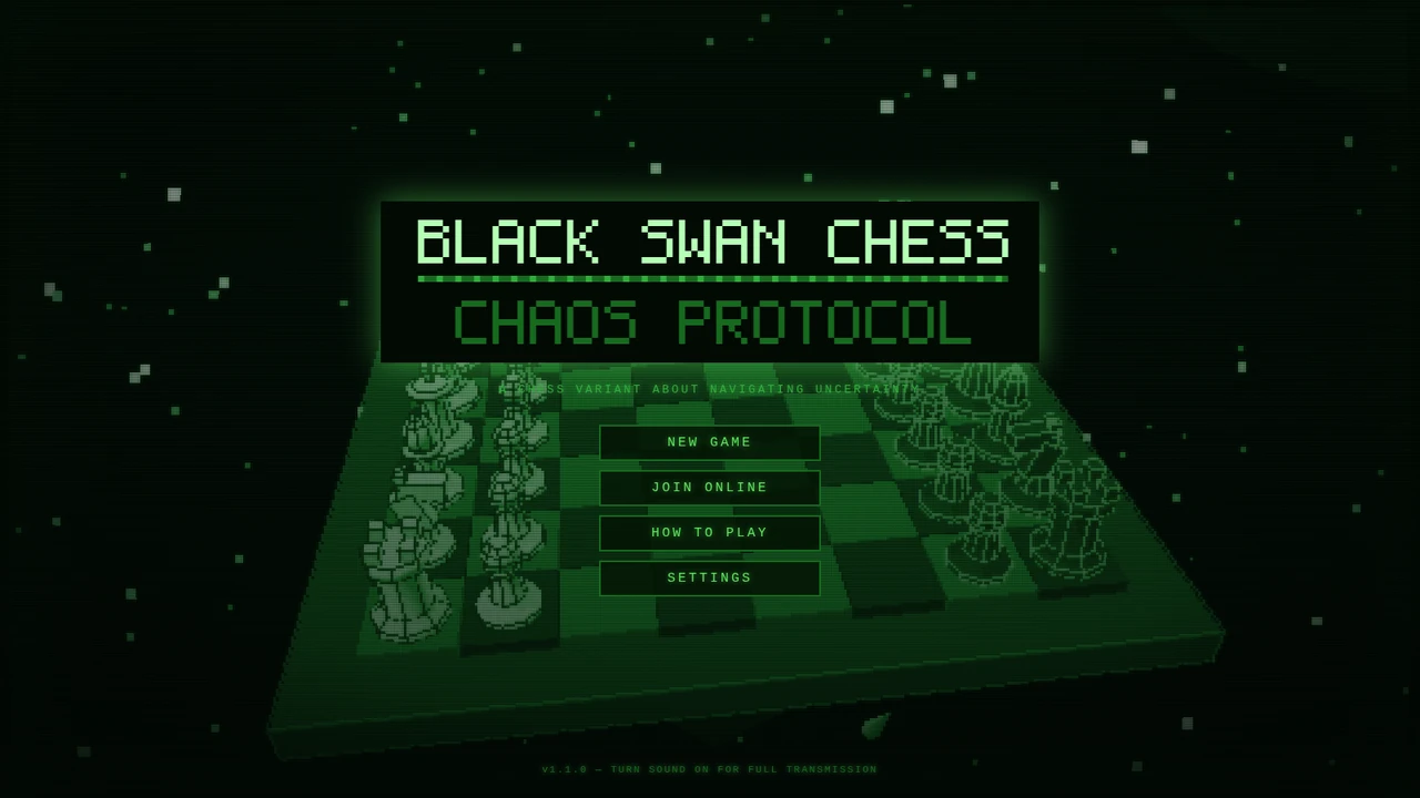 Pantalla de título: Black Swan Chess — Chaos Protocol