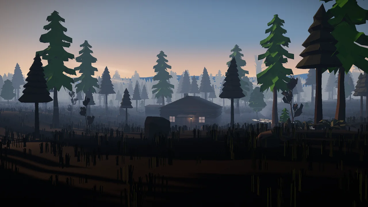 Hollow Tree: bosque neblinoso con una cabaña y un venado